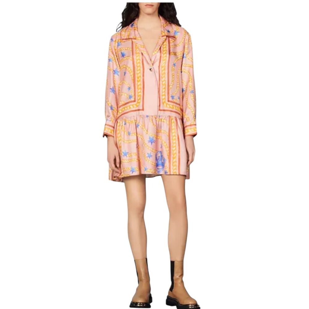 Sandro Alexiane Silk Dress Multicolor Chain Print Pink Orange Blue Size 36‎ US 4